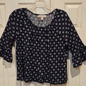 Michael Kors Navy and White Floral Scoop-Neck Blouse
